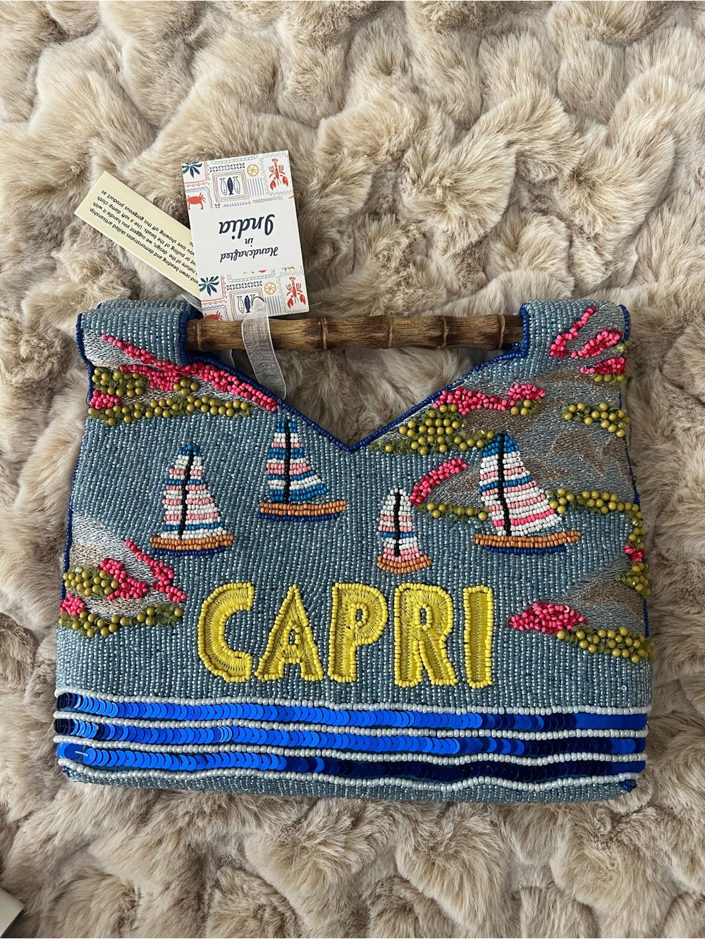 NWT Handcrafted Beaded 'CAPRI' Sailboat Bag with Bamboo Handle